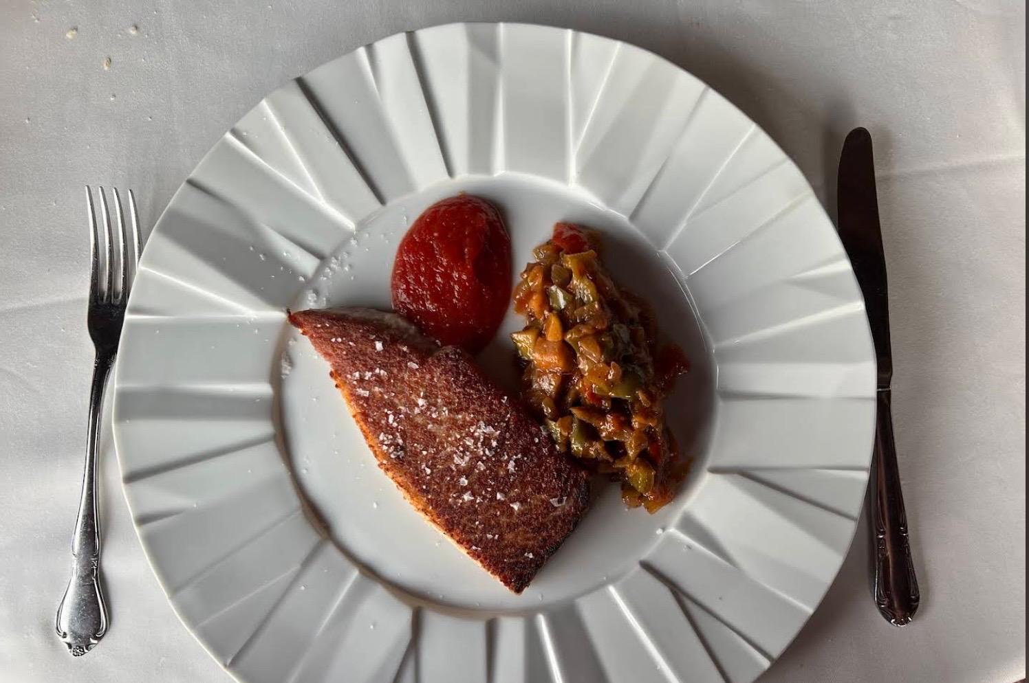 Grilled almadraba tuna with tomato and pisto